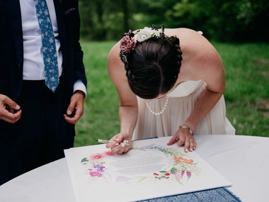 Tallulah Ketubahs | Hand-Painted Floral Wreath Ketubah Signing